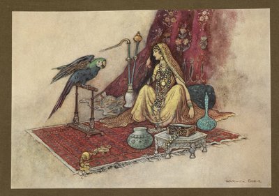 اللوحة 21: "ما هي الأميرة التي وضعت ياقوتة واحدة في شعرها؟" من Folk-Tales of Bengal ... مع 32 رسمًا توضيحيًا ملونًا من Warwick Goble (Edition de luxe.) بواسطة وارويك جوبل