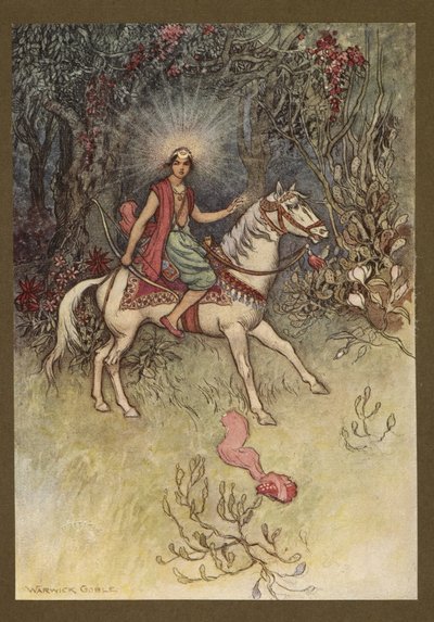 اللوحة 24: "كان هناك ضوء ساطع ، مثل ضوء القمر ، يُرى ساطعًا على جبهته" ، من Folk-Tales of Bengal ... مع 32 رسمًا توضيحيًا ملونًا من Warwick Goble (Edition de luxe) بواسطة وارويك جوبل