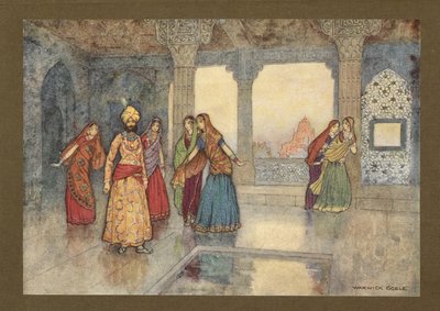 اللوحة 25: "الملكات الست حاولن مواساته" ، من القصص الشعبية البنغالية ... مع 32 رسمًا ملونًا لوارويك جوبل. (الطبعة الفاخرة) 1914 (لون ليثو) بواسطة وارويك جوبل