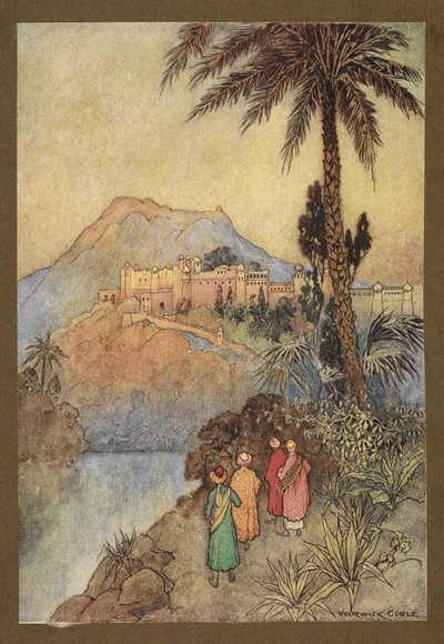 اللوحة 27: "اقتربوا من مجموعة رائعة من المباني." ، من Folk-Tales of Bengal ... مع 32 رسمًا توضيحيًا ملونًا لوارويك جوبل. (الطبعة الفاخرة.) بواسطة وارويك جوبل