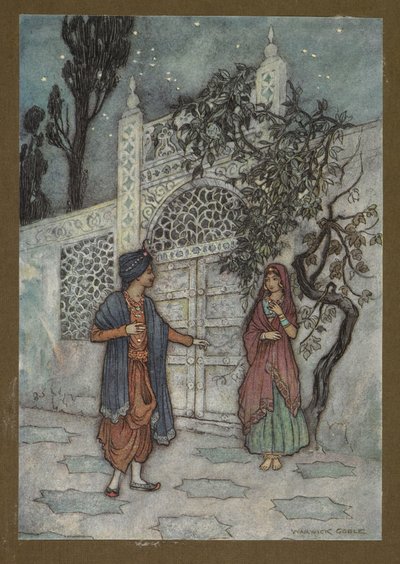 اللوحة 2: "أعاد الأمير إحياؤه ورأى وهو يتجول شخصًا بشريًا بالقرب من البوابة" ، من Folk-Tales of Bengal ... مع 32 رسمًا توضيحيًا ملونًا لوارويك جوبل بواسطة وارويك جوبل
