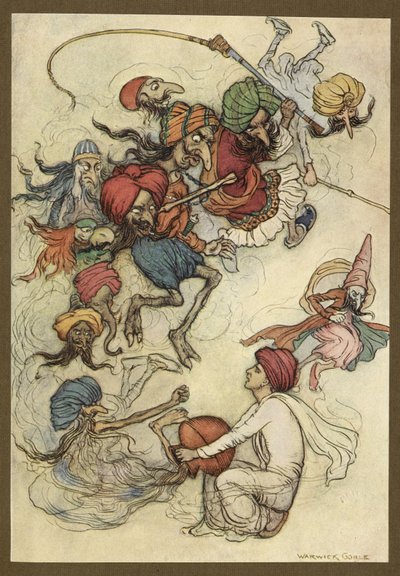 اللوحة 4: "بدلًا من الحلويات حول درجة من الشياطين." حكايات البنغال الشعبية ... مع 32 رسمًا توضيحيًا ملونًا لوارويك جوبل. (الطبعة الفاخرة.) بواسطة وارويك جوبل