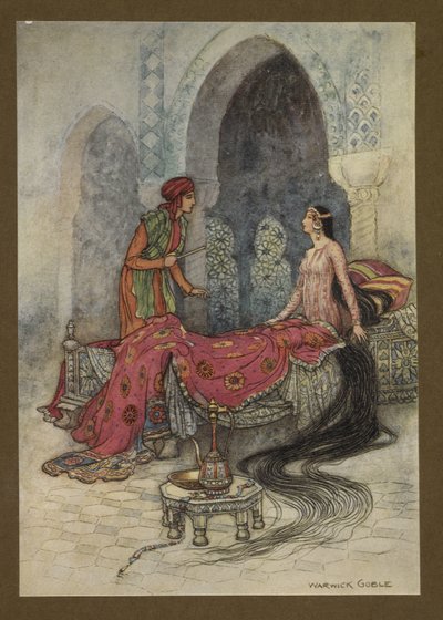 اللوحة 6: "في لحظة استيقظت ، وجلست في سريرها ، وتنظر إلى الغريب ، واستفسرت من هو" ، من Folk-Tales of Bengal ... مع 32 رسمة ملونة لوارويك جوبل. (الطبعة الفاخرة.). 1914 بواسطة وارويك جوبل