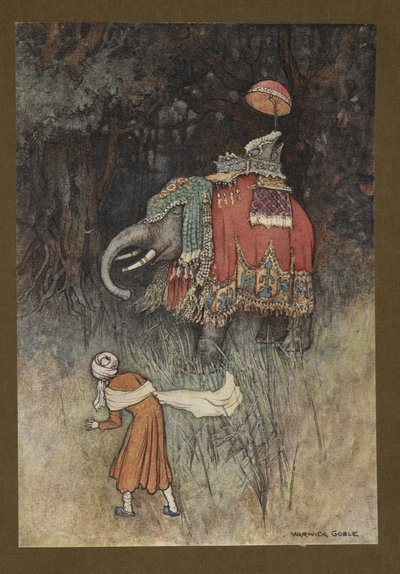 اللوحة 8: "فجأة انطلق فيل بشكل رائع عبر طريقه" ، من Folk-Tales of Bengal ... مع 32 رسمًا توضيحيًا ملونًا من Warwick Goble (Edition de luxe) بواسطة وارويك جوبل