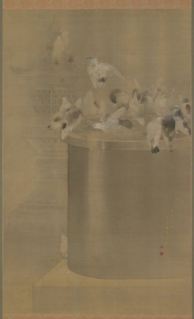 الحمام في Senjoji (معبد أساكوسا كانون) ميجي إيرا ، 1877 (حبر ولون على الحرير) بواسطة واتانابي باجي