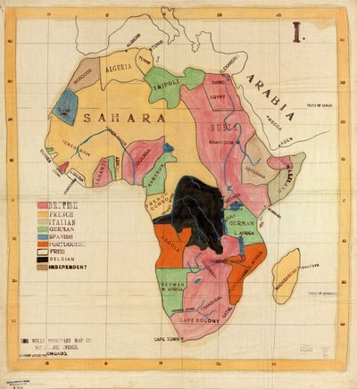 The Wells Missionary Map Co.، 3612 Prairie Avenue، Chicago، حقوق التأليف والنشر تقدمت بطلب. خريطة القماش. قلم حبر وقلم رصاص وقلم تلوين وألوان مائية ؛ أسماء الأماكن والأسماء في وسيلة الإيضاح والإحداثيات مرسومة آليًا بالحبر الأسود. 1. متاح أيضًا من خلال المك بواسطة شركة ويلز التبشيرية للخريطة