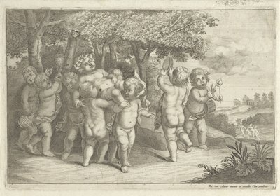 الأولاد الصغار الذين يصنعون الموسيقى ويرقصون يرتدون المهر بواسطة Wenceslaus Hollar (رفض الإسناد)