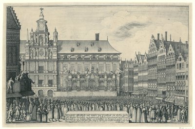 إعلان سلام مونستر في أنتويرب ، 1648 Eygentlycke Pictorial طريقة نشر den Peys ، بين syne Mayesteyt den Coninck van Spagnien ، و Heeren States Generael van de Vereenich [de] Nederlanden in a lordlyc بواسطة فرانس فان دن ويجنجيردي