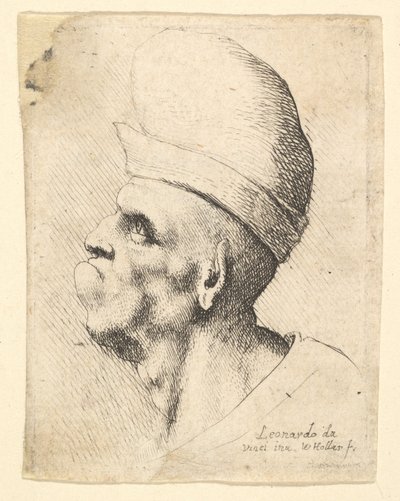 تمثال نصفي لرجل مشوه يرتدي قبعة بصليّة الشكل على اليسار ، 1625-1677. بواسطة وينسلوس هولار