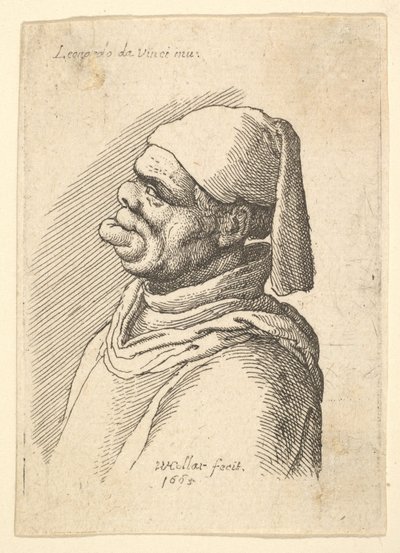 تمثال نصفي لرجل مشوه بقبعة وشفة سفلية بارزة في الجانب إلى اليسار ، 1625-1677. بواسطة وينسلوس هولار