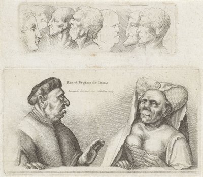 إفريز مع رؤساء الدراسة / رسوم كاريكاتورية لملك وملكة تونس Rex et Regina de Tunis (العنوان على الكائن) Varie figurae et probae (عنوان المسلسل) رسوم كاريكاتورية ورؤوس وتشوهات بعد ليوناردو دافنشي (عنوان المسلسل) بواسطة وينسلوس هولار