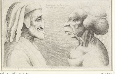 رأس كاريكاتير مشوه لرجل بقبعة (دانتي؟) وامرأة Varie figurae et probae (عنوان المسلسل) رسوم كاريكاتورية ورؤوس وتشوهات بعد ليوناردو دافنشي (عنوان المسلسل) بواسطة وينسلوس هولار