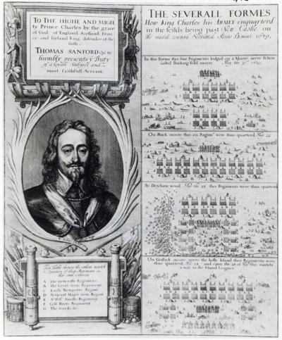 صورة للملك تشارلز الأول مع رسوم بيانية توضح تشكيل قواته خلال حرب الأساقفة ، c.1639 بواسطة وينسلوس هولار