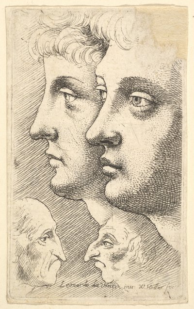 شابان في وضع جانبي إلى اليسار برأسين غريبين يواجهان بعضهما البعض أدناه ، 1625-77. بواسطة وينسلوس هولار