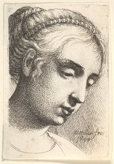 امرأة بسلسلة من اللؤلؤ في شعرها تنظر لأسفل إلى اليمين ، 1645. بواسطة وينسلوس هولار