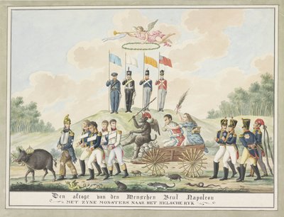 رسم كاريكاتوري عن نفي نابليون إلى إلبا ، 1814 تراجع الجلاد الناشيني نابليون مع وحوشه إلى الإمبراطورية الجهنمية (العنوان على الشيء) بواسطة Wijnand Esser (منسوب إلى)