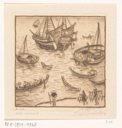 سفن في خليج على الساحل الشرقي من لومبوك المغادرة ، لومبوك (العنوان الأصلي) بواسطة Wijnand Otto Jan Nieuwenkamp (توقيع الفنان)