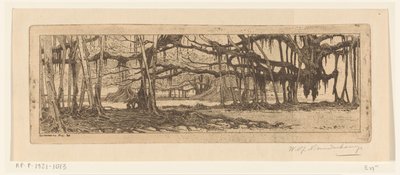 أشجار Waringin في حديقة في Buitenzorg في الحديقة في Buitenzorg (العنوان الأصلي) بواسطة Wijnand Otto Jan Nieuwenkamp (توقيع الفنان)