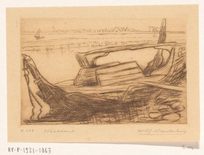 حطام سفينة سفاح في ميناء مونكيندام Wreckwood (العنوان الأصلي) بواسطة Wijnand Otto Jan Nieuwenkamp (توقيع الفنان)
