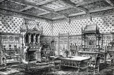 تصميم لغرفة طعام قوطية ، تم نشره في The House-Furnisher & Decorator ، 1 سبتمبر 1872 بواسطة ويلبرفورس هادون