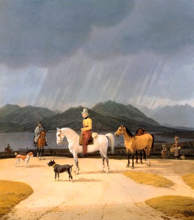 ""Cavaliers sur le lac Tegern Allemagne"" (Riders at the Tegernsee) Peinture de Wilhelm Ritter von Kobell (1766-1853) 1832 Oil on wood Dim 282x263 cm Staatliche Museen, Berlin بواسطة فيلهلم ألكسندر كوبيل