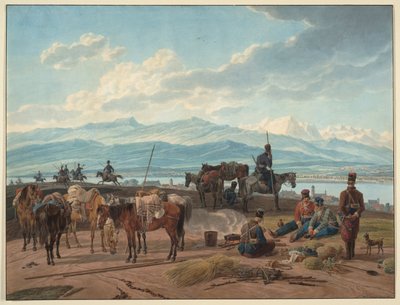 توقف القوزاق الروس - كوبيل ، فيلهلم ، ريتر فون (1766-1853) - 1804 - ألوان مائية على الورق - 36،8 × 48،2 - مجموعة خاصة بواسطة فيلهلم ألكسندر كوبيل