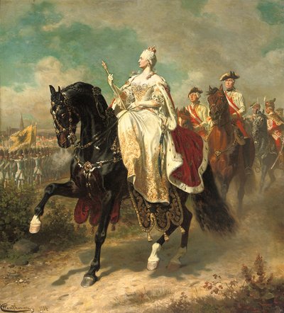 الإمبراطورة ماريا تيريزا على ظهور الخيل تفحص القوات النمساوية ، 1884 بواسطة فيلهلم كامبهاوزن