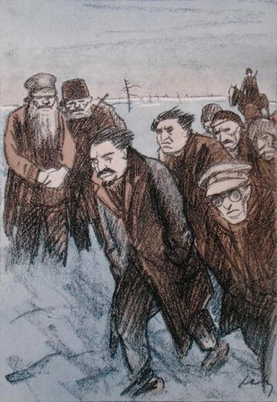 رسم كاريكاتوري ليون تروتسكي (1879-1940) في سيبيريا ، من مجلة "Simplicissimus" ، يناير 1928 (لون ليثو) بواسطة وليام شولز