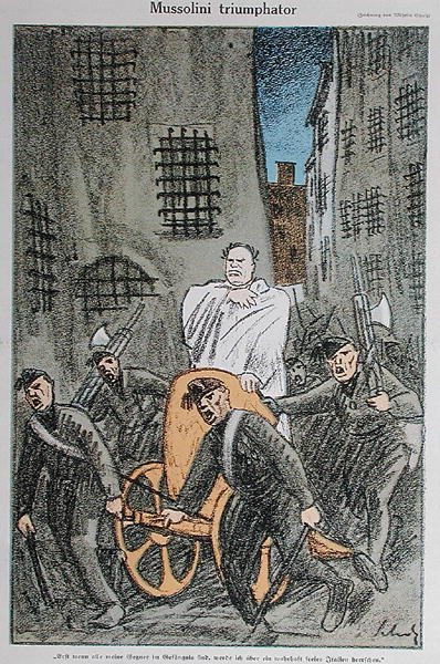 "موسوليني تريومفاتور" ، رسم كاريكاتوري من مجلة "Simplicissimus" ، نُشر في ميونيخ ، نوفمبر 1925 (لون ليثو) بواسطة وليام شولز