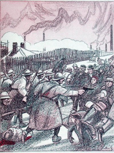 قمع الجيش الفرنسي أثناء احتلال الرور ، من Simplicissimus ، يناير 1924 (لون ليثو) بواسطة وليام شولز