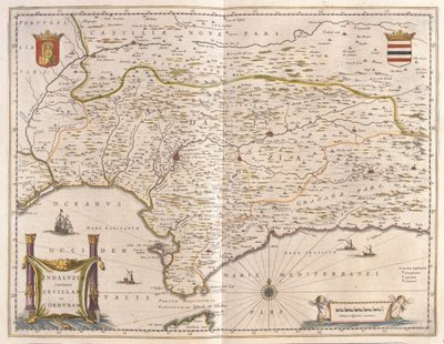 الأندلس ومدينة إشبيلية، مضيق جبل طارق، في "Theatrum Orbis Terrarum, sive Atlas Novus" لويليم بلاو، أمستردام بواسطة ويليم بلاو