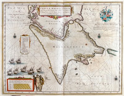 الأرجنتين، تشيلي، مضيق ماجلان، أرض فويغو، في "Theatrum Orbis Terrarum, sive Atlas Novus" لويليم بلاو، أمستردام بواسطة ويليم بلاو