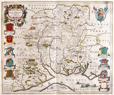هامبشاير وساوثهامبتون، في "Theatrum Orbis Terrarum, sive Atlas Novus" لويليم بلاو، أمستردام بواسطة ويليم بلاو