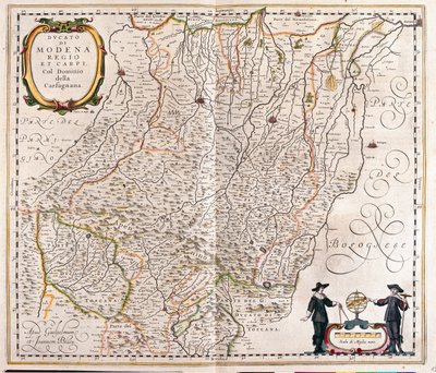 مودينا وريجيو إيميليا وكاربي ونهاية جزء من غارفاغنانا بإيطاليا، في "Theatrum Orbis Terrarum, sive Atlas Novus" لويليم بلاو، أمستردام بواسطة ويليم بلاو