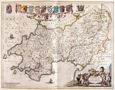بيمبروكرشاير وكارمارتنشاير، في "Theatrum Orbis Terrarum, sive Atlas Novus" لويليم بلاو، أمستردام بواسطة ويليم بلاو