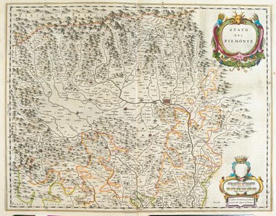 بيمونت ووادي أوستا وليغوريا، إيطاليا، في "Theatrum Orbis Terrarum, sive Atlas Novus" لويليم بلاو، أمستردام بواسطة ويليم بلاو