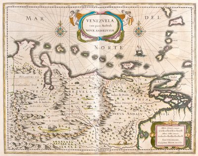فنزويلا، ترينيداد، ترينيداد، توباغو، تورتوغا، جزر الأنتيل، الكاريبي، في "Theatrum Orbis Terrarum, sive Atlas Novus" لويليم بلاو، أمستردام بواسطة ويليم بلاو