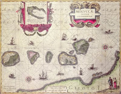 خريطة جزيرة ملوكان ، محفورة بواسطة جودوكوس هونديوس ، 1630 (نقش الألوان) بواسطة Willem Janszoon Blaeu