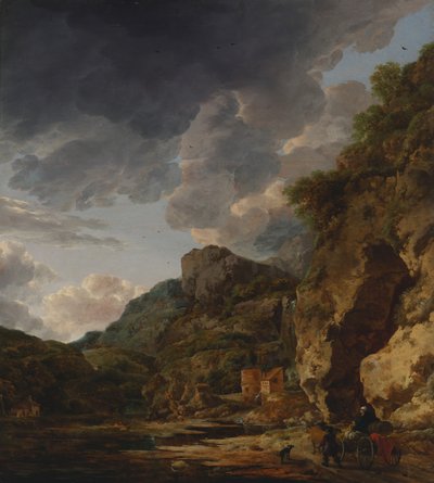منظر طبيعي للجبال مع نهر وعربة، الربع الثالث من القرن السابع عشر (زيت على لوحة) بواسطة Willem Schellinks