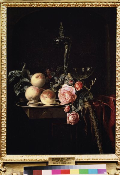 "" الحياة الساكنة للورود والخوخ "(الورود والخوخ) لوحة رسمها ويليم فان إيلست (1625 - حوالي 1683) 1659 متحف بوشكين ، موسكو بواسطة ويليم فان ألست