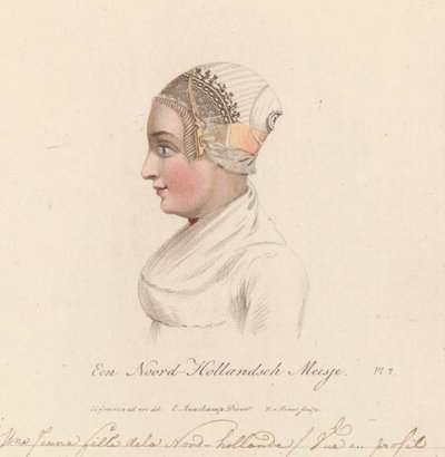 أغطية رأس لفتاة من شمال هولندا 1816 فتاة من شمال هولندا / Une Jeune fille de la Nord-hollande / Vue en profil (العنوان على الكائن) بواسطة إيفرت ماسكامب