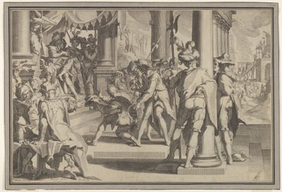 رمزية العدالة قدسية القانون مع مشهد للمحكمة يصور رجلاً يُعفو عنه ... ، 1605. بواسطة فيليم فان سواننبورغ
