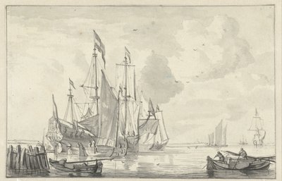 المناظر البحرية مع بعض السفن في المياه الهادئة بالقرب من الشاطئ بواسطة ويليم فان دي فيلدي (الثاني)