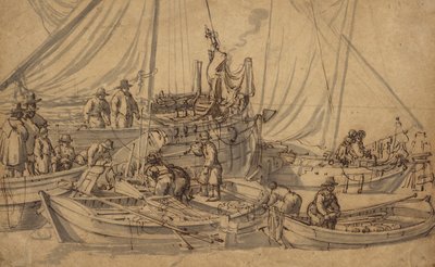 أرقام على متن السفن التجارية الصغيرة ، c.1650-5 (قلم ، حبر بني ورسم غسيل) بواسطة ويليم فان دي فيلدي