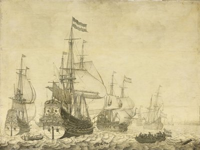 المنظر البحري مع رجال الحرب الهولنديين بما في ذلك درينته والأمير فريدريك هنري ، c.1670 (الرسم على اللوحة) بواسطة ويليم فان دي فيلدي