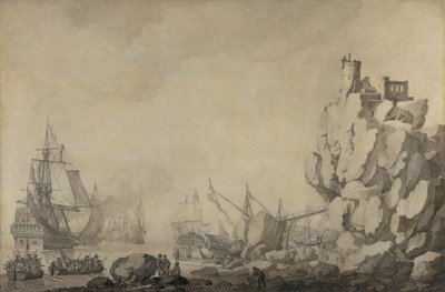 السفن والميليشيات على شاطئ روكي بواسطة Willem van de Velde the Elder