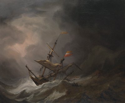 سفينة حربية متوسطية تنجرف على ساحل صخري في عاصفة، حوالي عام 1700 (زيت على قماش) بواسطة Willem van de Velde the Younger