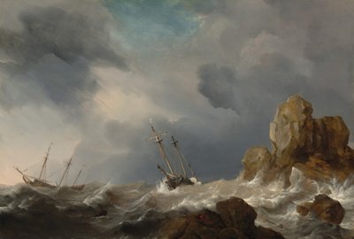 سفن في عاصفة 1660. بواسطة ويليم فان دي فيلدي الأصغر