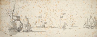 يخت تابع للدولة وسفن هولندية في المرسى، حوالي عام 1664 (جرافيت، غسيل رمادي) بواسطة فيليم فان دي الأكبر فيلدي