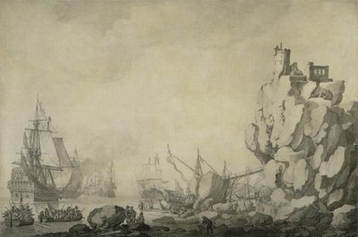 سفن وميليشيات على شاطئ صخري ، حوالي عام 1680 (قلم وحبر على قماش معدة) بواسطة فيليم فان دي الأكبر فيلدي